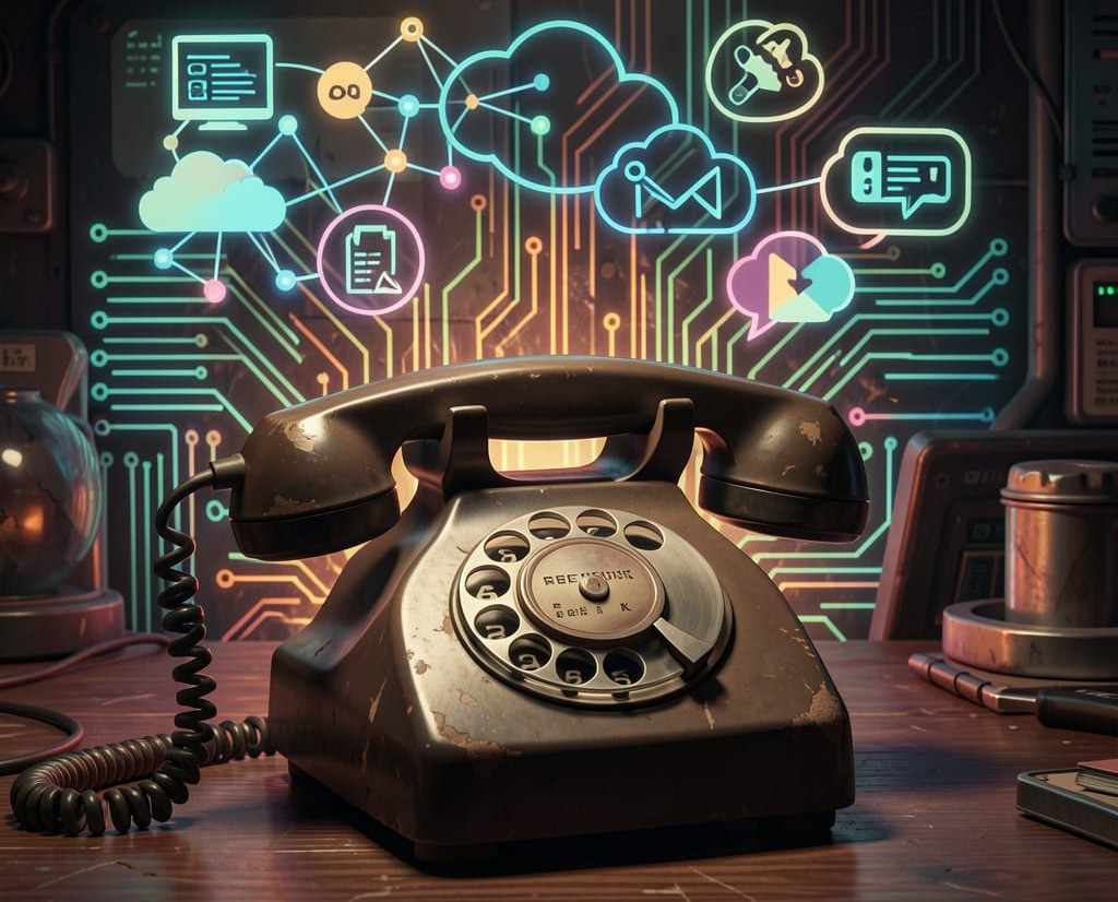 W tle ikony komputerów, chmur danych i komunikacji wielokanałowej symbolizujące inteligentną automatyzację procesów sprzedażowych